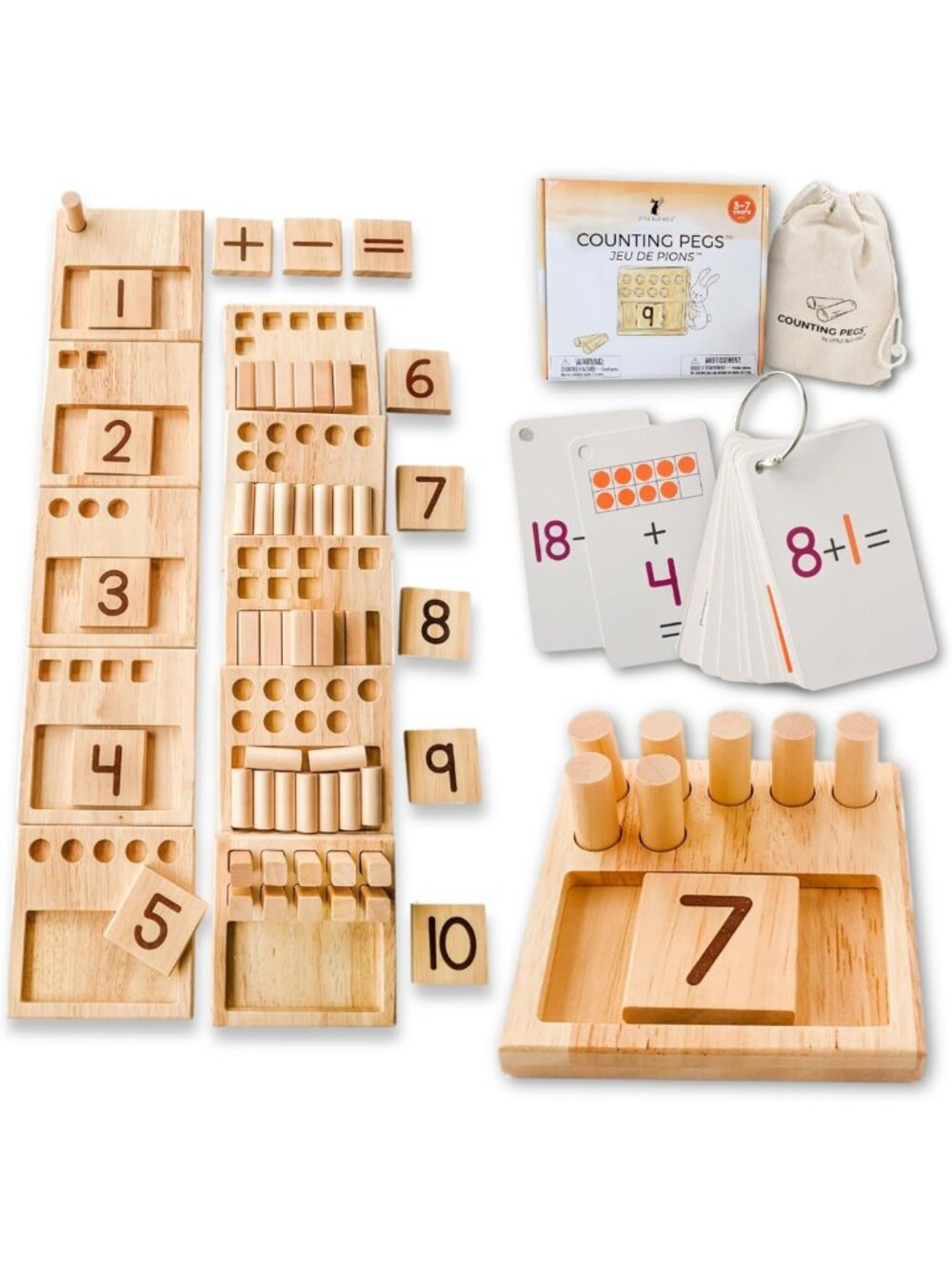 Wooden Montessori Counting Pegs Game - Math Manipulatives & Flash Cards for Kids